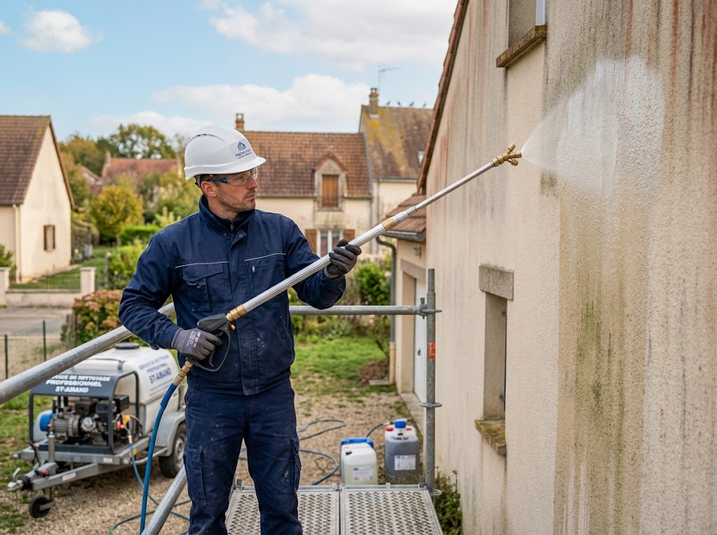 Artisan SC Rénovation pulvérisant un traitement fongicide basse pression sur une façade tachée