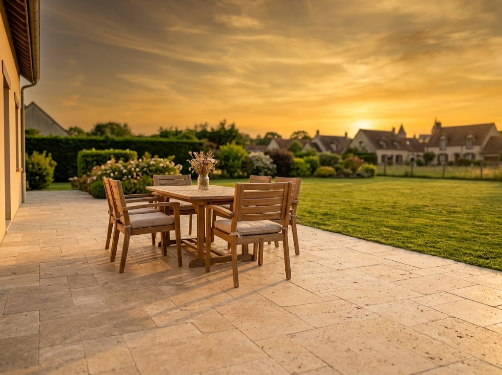 Terrasse en pierre claire remise à neuf au coucher du soleil, table et chaises en bois prêtes pour les beaux jours
