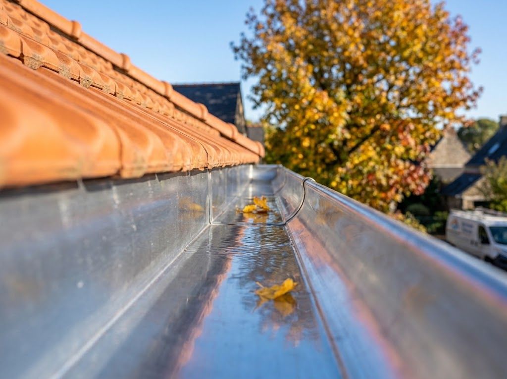 Gouttière en zinc propre le long d'une toiture en tuiles avec quelques feuilles mortes en automne