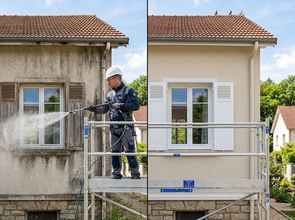 Artisan SC Rénovation nettoyant une façade au pulvérisateur basse pression depuis un échafaudage sécurisé