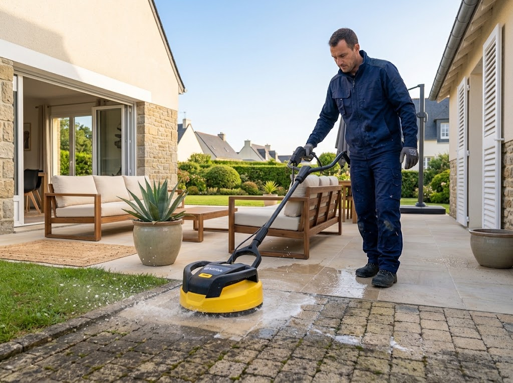 Artisan SC Rénovation nettoyant un dallage de terrasse avec une cloche de lavage rotative professionnelle