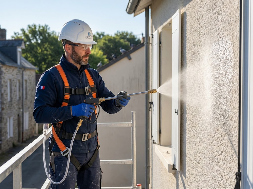 Façadier appliquant la résine hydrofuge au pulvérisateur basse pression sur un mur extérieur