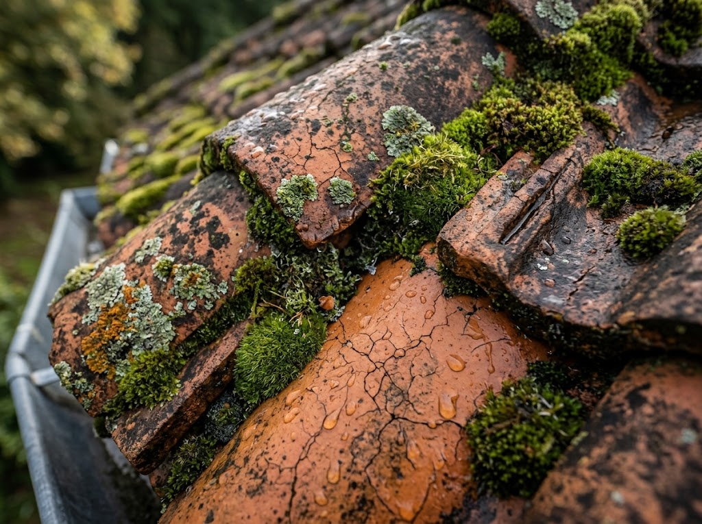 Gros plan sur des tuiles fissurées envahies de mousse et de lichens à cause de l'humidité du bocage des Deux-Sèvres