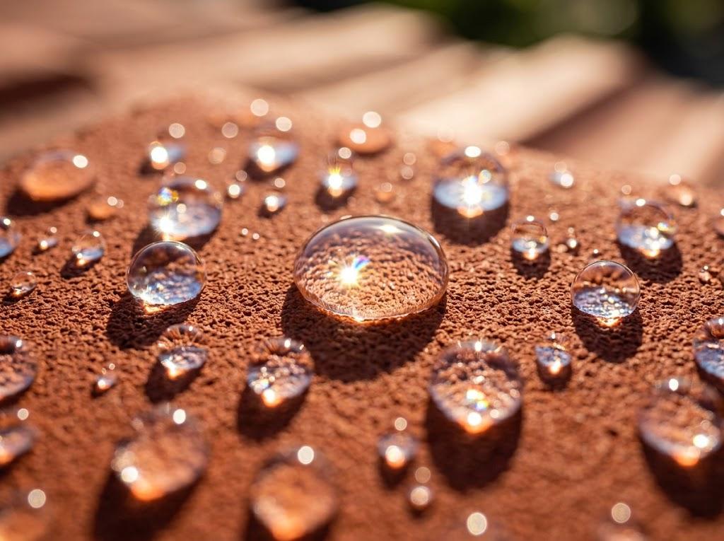 Effet perlant du traitement hydrofuge : gouttes d'eau qui perlent sur une tuile fraîchement traitée