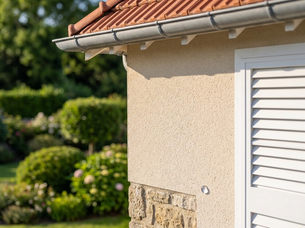 Détail d'un enduit de façade sain et protégé sous une gouttière en zinc, angle de maison entretenue