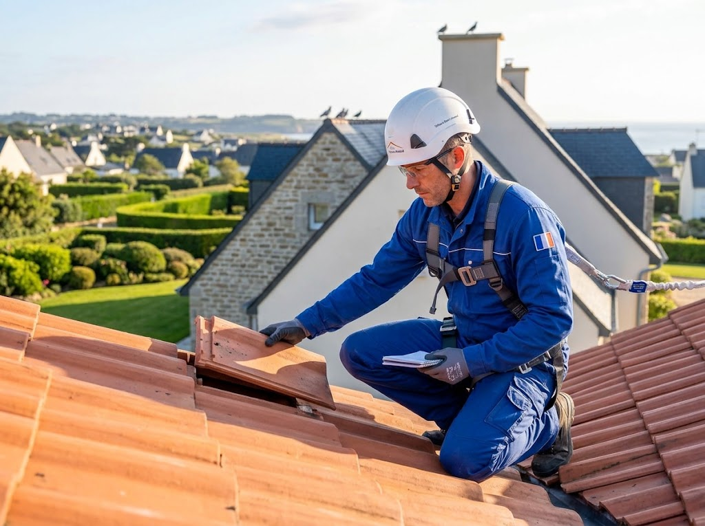 Couvreur SC Rénovation harnaché inspectant les tuiles d'une toiture et notant son diagnostic