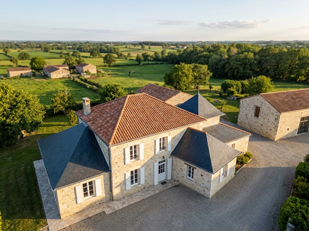Maison de caractère des Deux-Sèvres avec toiture mêlant tuiles romanes et ardoises, vue aérienne