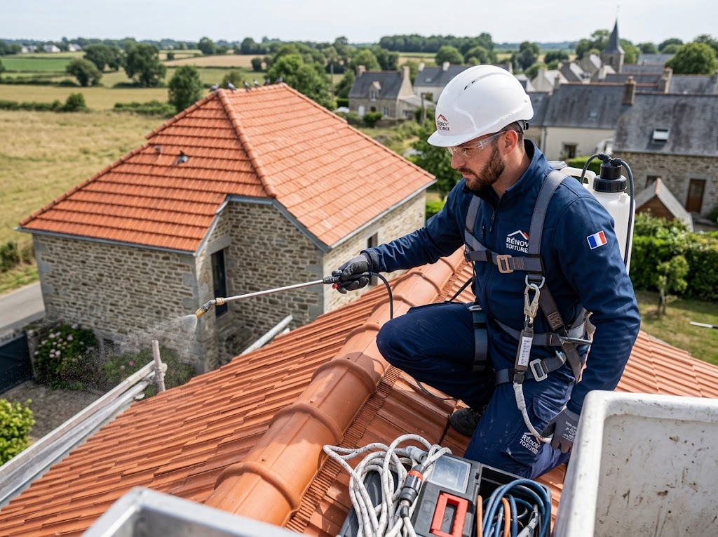 Artisan SC Rénovation harnaché pulvérisant un traitement hydrofuge sur une toiture en tuiles dans les Deux-Sèvres