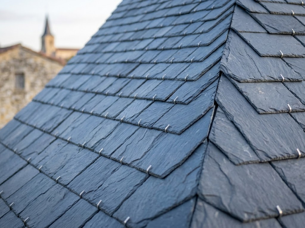Gros plan sur la texture fine d'une toiture en ardoise naturelle d'Anjou parfaitement entretenue