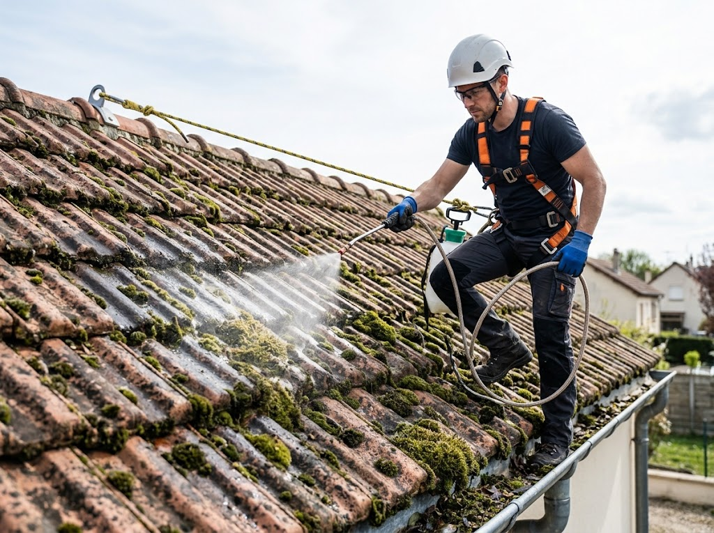 Artisan SC Rénovation harnaché et sécurisé pulvérisant un traitement anti-mousse sur une toiture