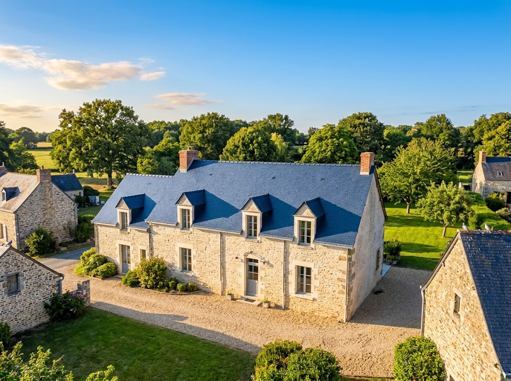 Belle demeure en pierre d'Anjou restaurée avec une toiture en ardoise impeccable, vue aérienne