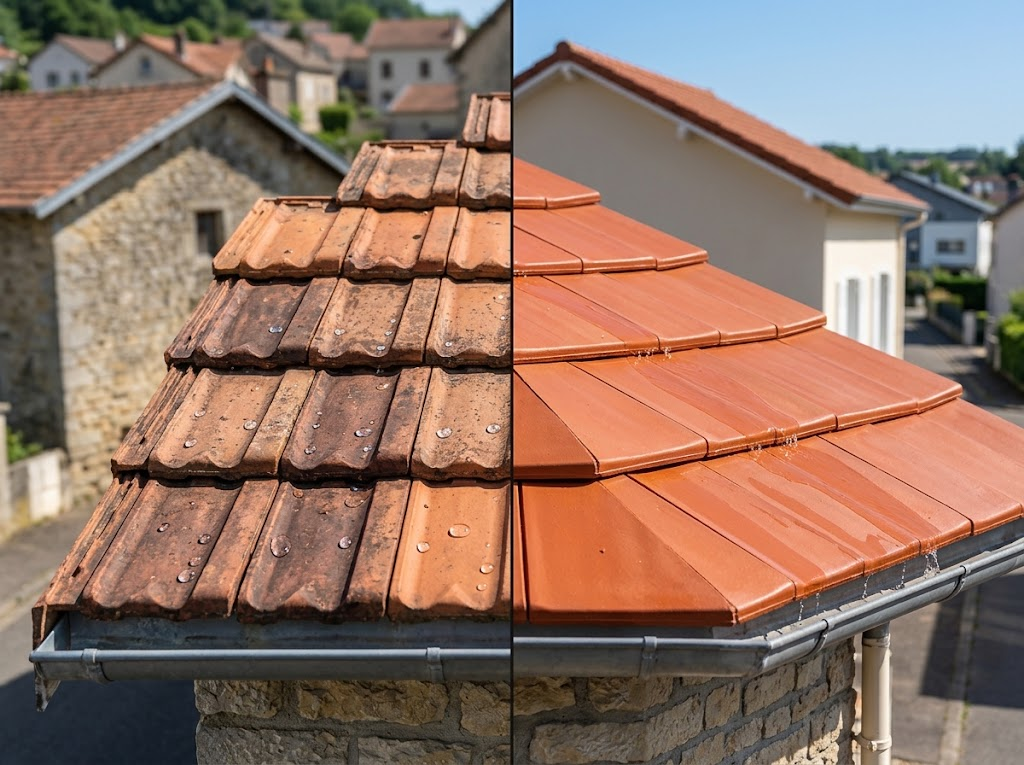 Comparatif visuel entre un hydrofuge incolore sur tuiles anciennes et un hydrofuge coloré rénovateur