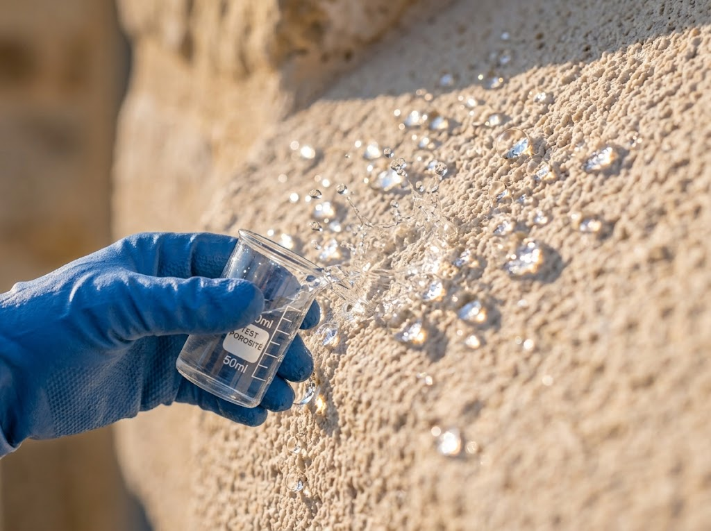 Artisan vérifiant à la main l'étanchéité d'une façade après projection d'eau, test de porosité sur le terrain