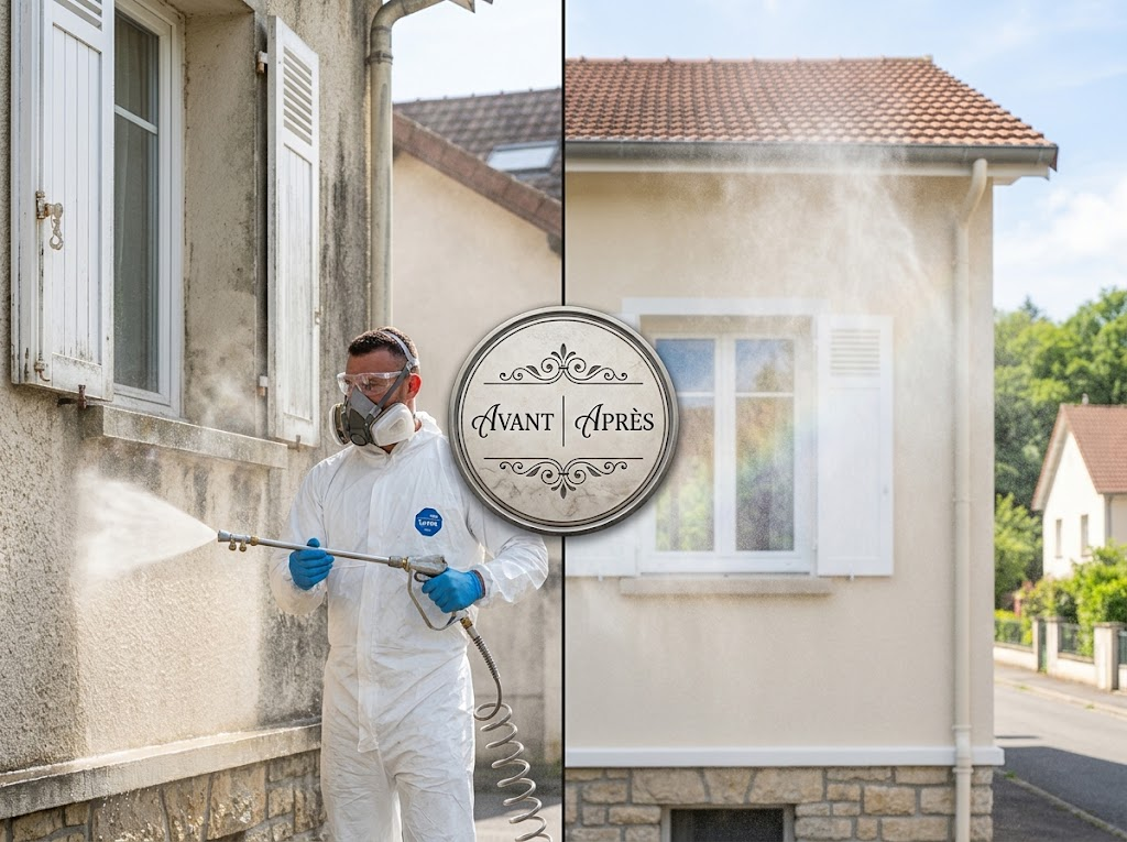 Façadier professionnel équipé nettoyant une façade au pulvérisateur basse pression