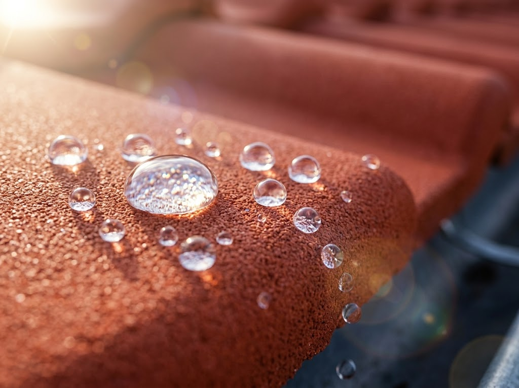 Effet perlant : gouttes d'eau qui perlent sur une tuile traitée à l'hydrofuge