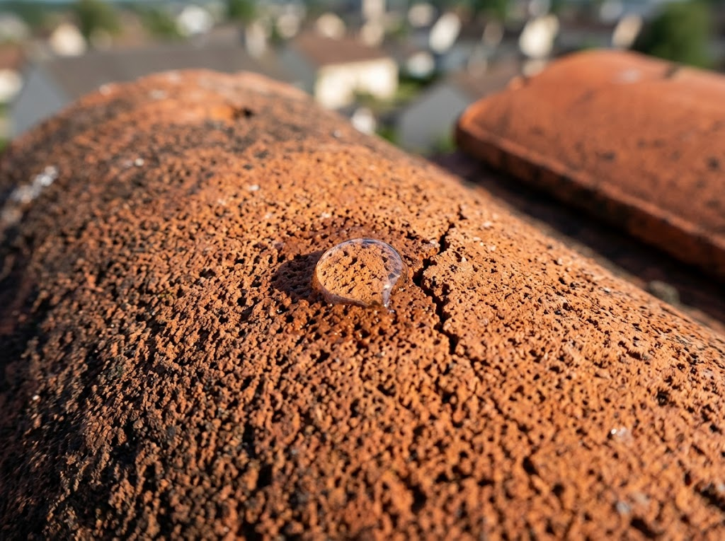 Gouttes d'eau absorbées par la surface poreuse d'une tuile en terre cuite fissurée