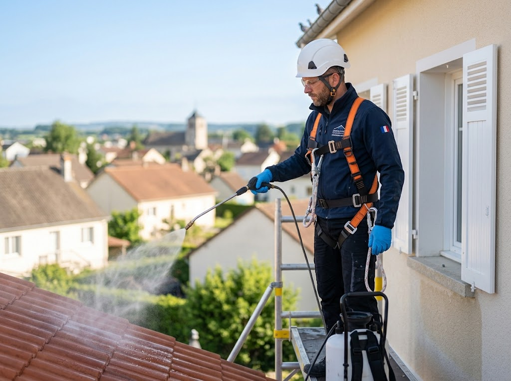 Façadier SC Rénovation appliquant un traitement décontaminant à basse pression sur une façade en Vendée