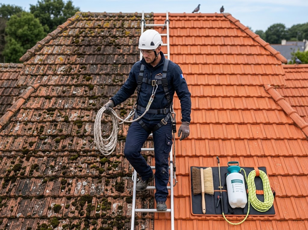 Artisan SC Rénovation équipé d'un casque, d'un harnais et d'une longe avec son matériel de démoussage sur une toiture