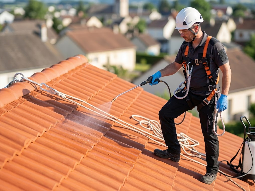Artisan SC Rénovation harnaché appliquant un hydrofuge au pulvérisateur sur une toiture propre