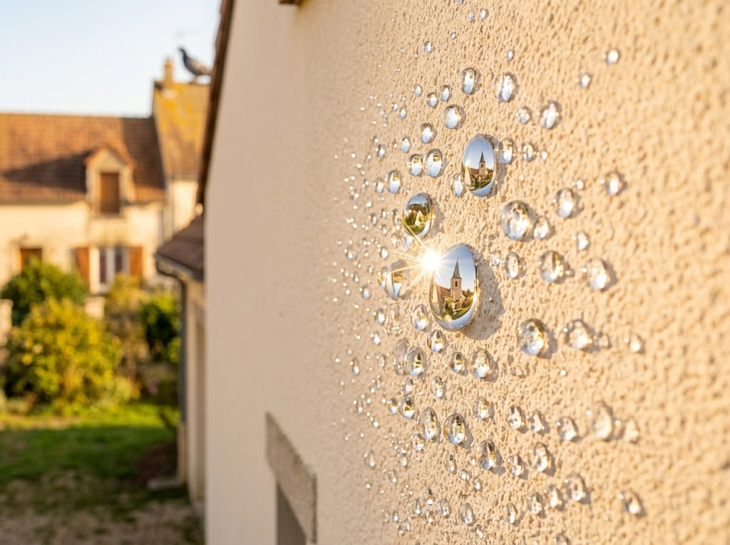Crépi de façade protégé par un hydrofuge : gouttes d'eau perlant à la surface au soleil